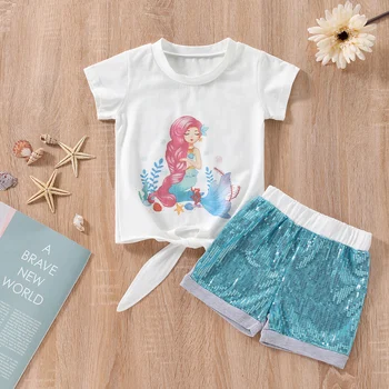 Kız Çocuk Tişört ve Şort Takımı Çizgi Film Deniz Kızı Baskılı Kısa Kollu Üstler ve Pullu Kısa pantolon