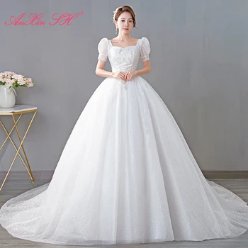 AnXin SH prenses beyaz dantel sparkly düğün elbisesi vintage sevgiliye boncuk çiçek inciler puf kollu balo cüppe şeklinde gelinlik