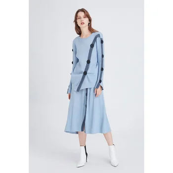 Tasarımcı Modeli kadın Gri Mavi Kişilik Dikiş Asimetrik Düğme örgü elbise Mizaç Kaçak Toplama İki Parçalı Set