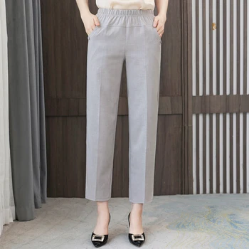 Yaz Yüksek Bel Pantolon Kadınlar için Zarif Ayak Bileği Uzunlukta kadın Klasik Pantolon Yaz Vintage Elastik Bel Pamuk Keten Pantolon