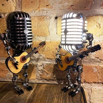 Yaratıcı Vintage Mikrofon Robot Dokunmatik Dimmer Lamba Masa Lambası Robot El Gitar Dekorasyon Ev Ofis Masaüstü Süsler