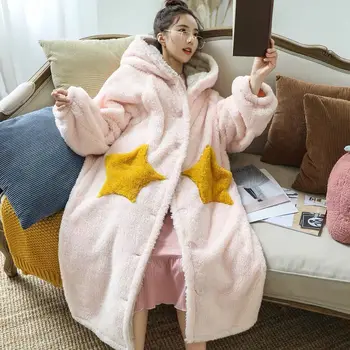 Kadın Kapşonlu Gecelik Kimono Banyo Elbisesi Kış Kalın Mercan Polar Pijama Bornoz Kış Gevşek Pazen Uzun Gecelik Ev Giyim