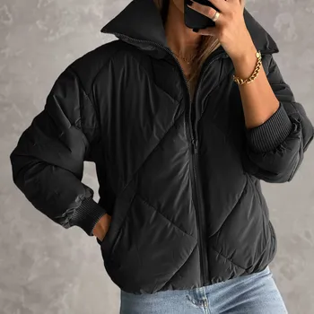 Kış Aşağı Pamuk Ceket Kadınlar Katı Gevşek kapitone ceket Kirpi Parkas Casual Kadın Yaka Siyah Fermuar Kalınlaşma Sıcak Dış Giyim