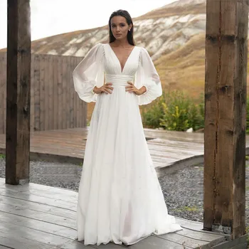 Basit Uzun Puf Kollu Şifon düğün elbisesi Gelin Bir Çizgi Backless Plaj Gelin Kıyafeti Sweep Tren robe de mariée vestidos