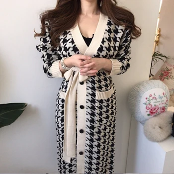Yeni Moda Pist Kadın Balıksırtı Örme V Boyun Tek Göğüslü Kış Uzun Kollu Kalın Kazak rahat elbise Vestidos