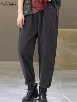 ZANZEA Yüksek Bel Rahat Uzun Kadife Vintage Pantolon Sonbahar Kadın Vintage Pantolon Katı Pantalon Gevşek Harem Şalgam Palazzo 2022