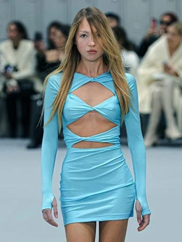 Seksi Cut Out Dantelli Bodycon Mini Elbise Kadınlar Uzun Kollu Backless Parti Vestidos 2022 İlkbahar Sonbahar Kawaii Pist Elbise