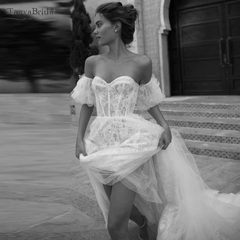 Sevgiliye Bir Çizgi Gelinlik Romantik Prenses Fransa Dantel Puf Bulut Kollu gelinlikler Şık DW726