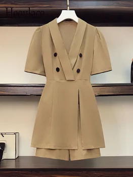 Yaz Blazer Elbiseler İki Parçalı Set Ofis Bayanlar Zarif Kısa Kollu Çentikli V Boyun Yüksek Bel Yan Bölünmüş Elbise ve şort takımı
