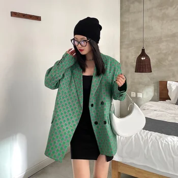 Takım elbise Ceket 2023 kadın Sonbahar Kış Kore Tarzı Yeni Gevşek Dama Tahtası Yeşil Gri Onay Casual Blazer Coats Dış Giyim