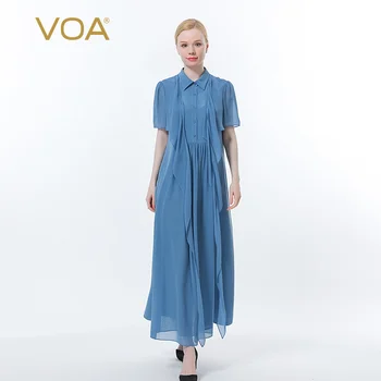 VOA Zarif Fırfır Yarı Açık Polo Boyun Ipek Kadın Elbise Rahat Ay Mavi Tek Göğüslü Kısa Kollu Parti Gömlek Elbiseler AE957