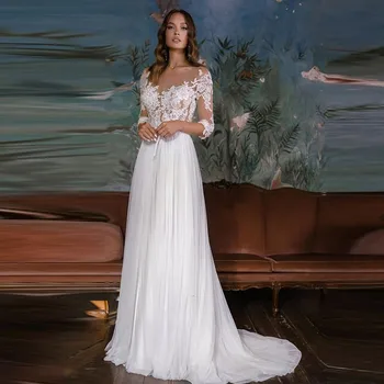 O-Boyun A-Line düğün elbisesi Dantel Aplikler 3/4 Kollu Backless Düğme gelin kıyafeti Illusion Tül Sweep Tren Vestido De Noiva
