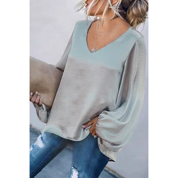 2022 Yeni Zarif Kadın Gömlek Uzun Kollu Bluzlar Casual Gevşek V Yaka Katı Üstleri Sonbahar Bahar Giysileri Blusa Mujer 23925