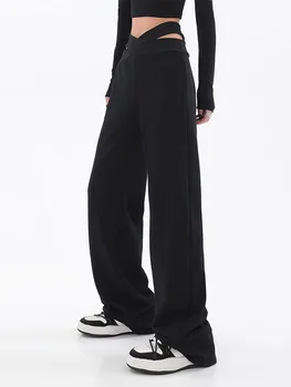 Siyah Bölünmüş Yüksek Bel Baggy düz pantolon Gotik Y2k Streetwear Vintage 2022 Sonbahar Yeni Femme Geniş Bacak Pantolon Kore Tarzı
