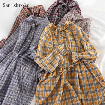 Sanishroly Sonbahar Kadınlar Uzun Kollu Ekose Elbise Kravat Yay Sashes A-Line Elbiseler Öğrenciler Yüksek Bel Vintage Elbise Vestidos CD084