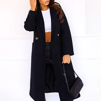 Kadın Palto Zarif Uzun Kollu Çift Düğmeler Yaka Çentik Yaka Kalın Sıcak Hırka Cepler Kadın Kış Ceket Kadınlar için