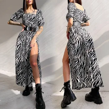 Yeni Bahar Ve Yaz Seksi Bölünmüş Elbise Zebra Baskı Uzun Bel Kare Boyun Mizaç Banliyö Elbise kadın