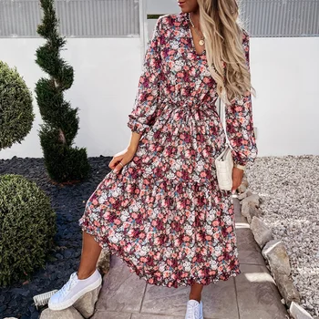 Kadınlar Zarif Moda Çiçek Baskı Bohemian uzun elbise Casual Uzun Kollu V Boyun Tatil Elbise Streetwear