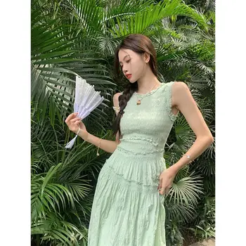 Kadınlar için elbise Pilili Kadın Uzun Retro Yeşil Yelek Düz Renk Kolsuz Küçük Yuvarlak Boyun Tasarım Zarif Plaj Maxi Elbise