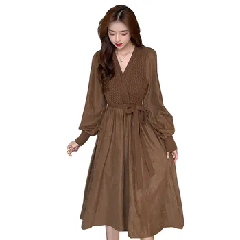 Zarif Katı Kadın Elbise Moda Kore Ekleme Örme V Boyun Puf Kollu Midi Elbiseler Sonbahar Streetwear Orta buzağı evaze elbise