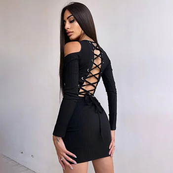 Zoctuo Örgü Hollow Out Backless Seksi Mini Elbise Skims Kadınlar Lace Up Seksi Moda Clubwear Siyah Sonbahar Zarif Parti Giyim