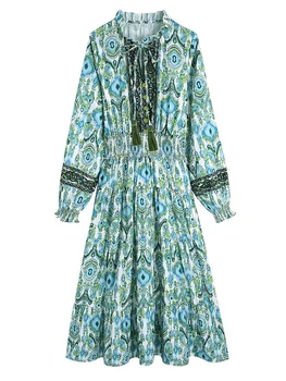 Jastie İlkbahar Sonbahar Kadınlar uzun elbise 2023 Bohemian Retro Uzun Kollu O-Boyun Maxi Elbiseler Moda Tatil Bir Çizgi Elbise Vestidos