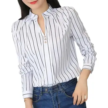 Moda Gömlek Beyaz Kadın Üstleri Standı Yaka V Yaka Uzun Kollu Düğmeler Dekor Kazak Geometri Baskı Gömlek Bluz Kadın Giyim