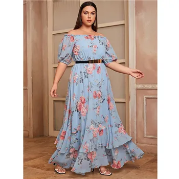 Artı Boyutu 4XL Çiçek Baskı Kapalı Omuz Kaftan Kadınlar müslüman uzun elbise Dubai Türkiye Arapça Giyim Elbise Gevşek Abayas Maxi Elbise kıyafeti