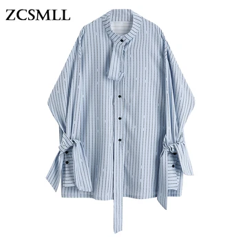 ZCSMLL Kadınlar mavi çizgili şerit büyük boy Bluz Yeni standı yaka Uzun Kollu Gevşek Fit Gömlek Moda Bahar Sonbahar 2022 1Y891