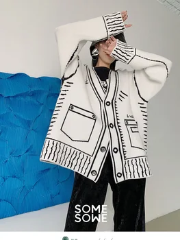 Sonbahar Kış Kadın Kazak Hırka Büyük Boy Siyah Beyaz Baskı Graffiti Örme Ceket Kore Japon Harajuku moda üst giyim