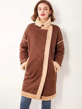 KBAT 2022 Uzun Kış Ceket kadın Temel Ceket Vintage Süet Ceketler Sıcak Uzun Kollu Kadın Palto Faux Kürk Peluş Dış Giyim