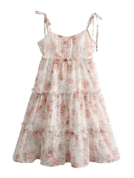 Merodi Kızlar Çiçek Baskı Yüksek Bel Ruffles Yaz Mini Elbiseler Şık Bayan Kolsuz Elastik Spagetti Kayışı rahat elbise