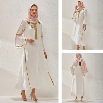 Yeni Alevlendi Kollu Elbise Orta Doğu Beyaz İşlemeli Boncuklu Sequins Moda Pamuk Müslüman Giyim Kadın