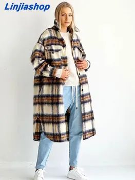 Zarif Kadın Bağbozumu Kruvaze Ekose Yün Ceket Uzun Kollu Sonbahar Kış Sıcak Palto