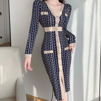 Tek Parça Kadın Elbise Kore Zarif Sonbahar Kol Tek Göğüslü Örme Kazak Kadın Elbise Vintage Elbiseler Kış Uzun Yeni