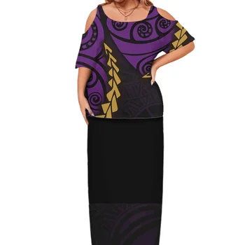 Yaz Yeni Özel Tapa Çiçek Desen Baskı Samoa Puletasi Set Ptaha Cut Out kapalı Omuz Polinezya Tatau Maxi Elbiseler Kadın