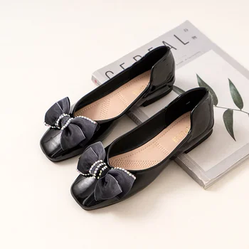 Japon Kristal Deri Flats bale ayakkabıları Kadın İpek İlmek Kare Ayak Loafer'lar Sığ Parlaklık Düğün Ayakkabı Artı Boyutu Ayakkabı
