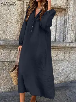 2022 ZANZEA Katı Yaka Shirtdress Kadın Sonbahar Uzun Kollu Elbise Orta Buzağı Uzunluğu Sundress Moda Rahat Gevşek Vintage Elbise