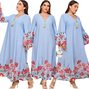 Artı Boyutu Kadın Elbise Uzun Vintage Etnik Çiçek Baskı V Yaka Tam Elbise Kaftan Gevşek Arapça Müslüman Patchwork Elbise İslam