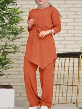 ZANZEA Kadınlar Sonbahar Rahat Katı çarşaf islami giyim 2022 Moda Müslüman Setleri Kentsel Eşofman Uzun Kollu Bluzlar Pantolon Setleri