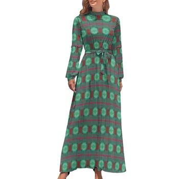 Retro Bohemia Elbise Uzun Kollu Yeşil Mandala Baskı Sevimli Maxi Elbise Yüksek Bel Şık Baskı Bohemia Uzun Elbiseler doğum günü hediyesi