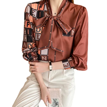 Yaz Bluz Uzun Kollu Üst Kadın Giyim Kore Moda POLO GÖMLEK Poplin Eğlence Papyon Mektup Gevşek