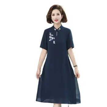 Zarif Kadın Giyim Cheongsam Qipao Elbise Şifon Elbise Vintage Çin Tarzında gevşek Elbise İşlemeli Geliştirmek 