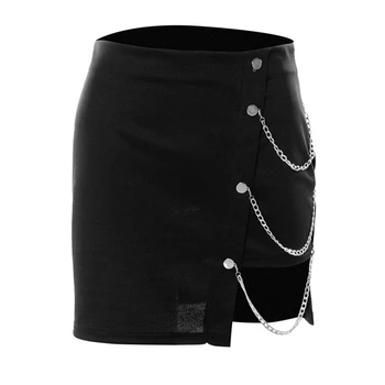 Goth Punk Rock Siyah İnce Kızlar Mini Kısa Etekler Yüksek Bel Zinciri Etek Kadın Streetwear Bodycon Clubwear
