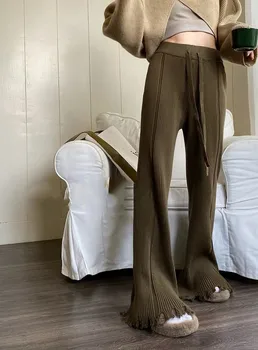 2023 Yeni Bahar Paspas Kat Kadın düz pantolon Tüm Maç İpli Yüksek Bel Gevşek Rahat Püskül Örme Uzun Pantolon