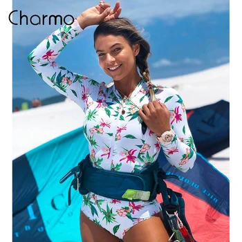 Charmo kadın Tek Parça Mayo Baskılı Fermuar sörf kıyafeti Uzun Kollu Plaj sörf kıyafeti UPF 50+