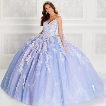 Vestidos 15 Quinceanera elbiseler Gökyüzü Mavi Balo Prenses Dantel Aplikler 3D Çiçekler Pageant Kız Parti Elbise Bayan için