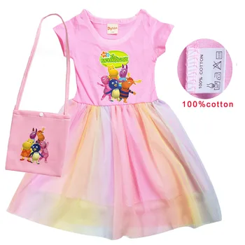 2022 Bebek Backyardigans Giysileri Toddler Kız Gökkuşağı Örgü Prenses Elbiseler Küçük Çanta ile Çocuklar Kısa Kollu Düğün Parti Elbise