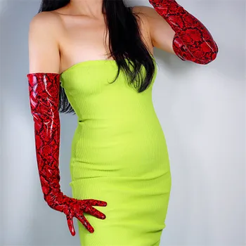 Yılan Derisi Ekstra Uzun Eldiven 60 cm Rugan Suni Deri PU Parlaklık Deri Hayvan Desen Python Kırmızı Kadın