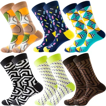 Erkek Elbise Çorap Eğlenceli Renkli Geometrik Çizgili Daire Desenli Çorap Erkekler için Pamuk Moda Rahat Erkek Kadın Çorap 6 Paket